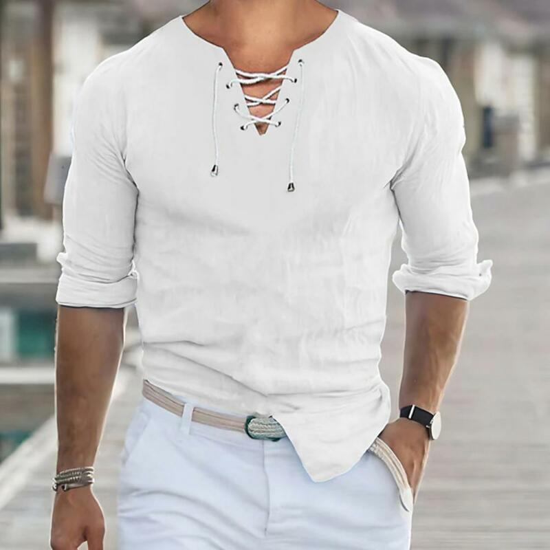 V-neck Men Shirt Retro Lace-up V Neck Men's Shirt with Slim Fit Long Sleeves for Spring Fall Soft Breathable Casual for Daily