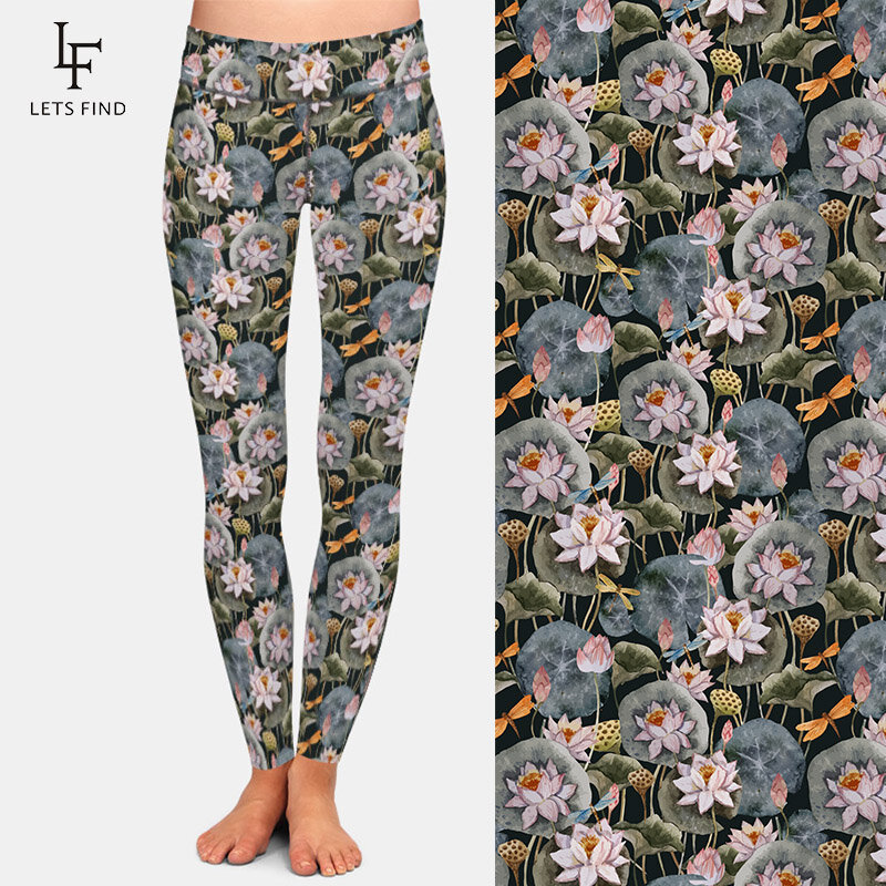 LETSFIND High Quaility Beautiful Watercolor Lotus Print Women Leggings Fashion High Wiast Soft Slim Fitness Leggings