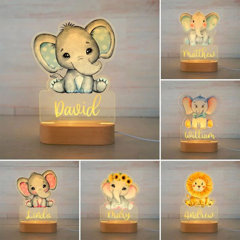 Lampu LED gajah singa bayi unik USB 7 warna lampu malam lampu akrilik nama khusus untuk anak-anak kamar tidur dekorasi rumah