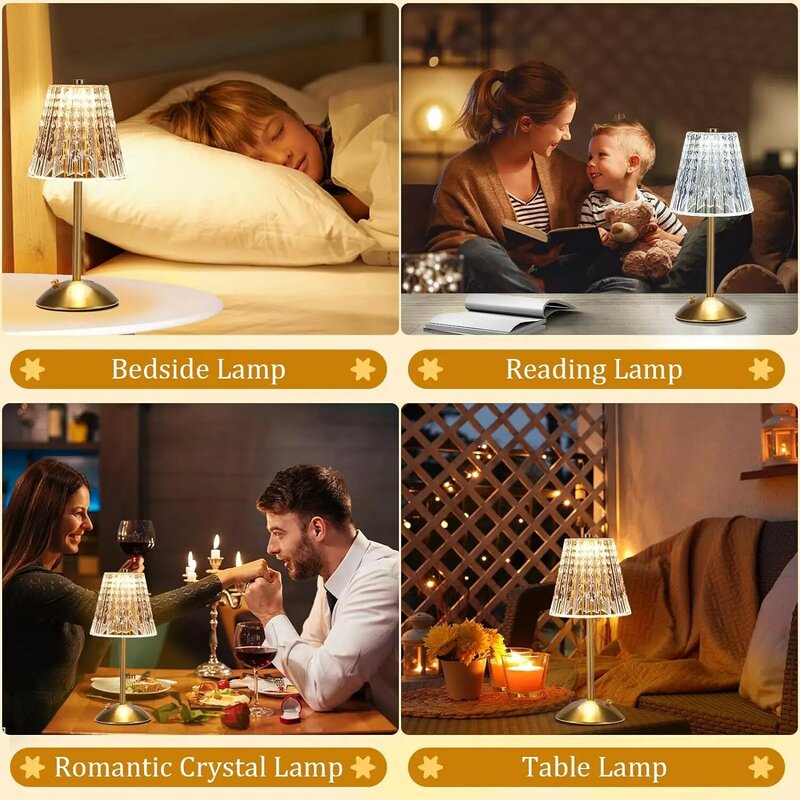Lampada a batteria Touch Crystal Lamp 3 colori lampada a LED dimmerabile lampada Vintage ricaricabile per camera da letto soggiorno ristorante all'aperto
