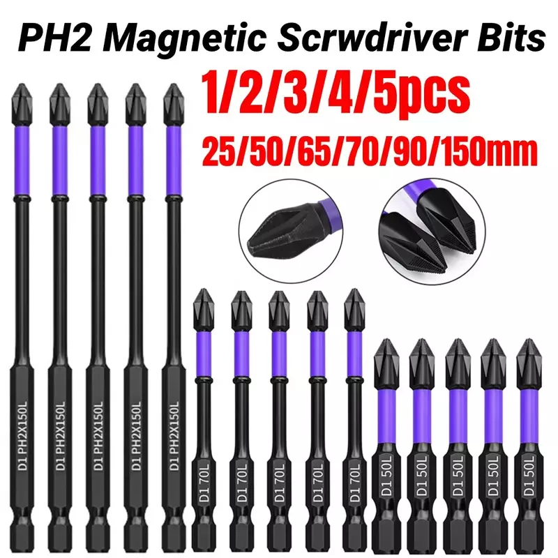 Mata bor tangan magnetik PH2, 5/3/2/3 buah Scrwdriver non-selip kepala Batch silang 25-150mm untuk obeng Bor dampak listrik