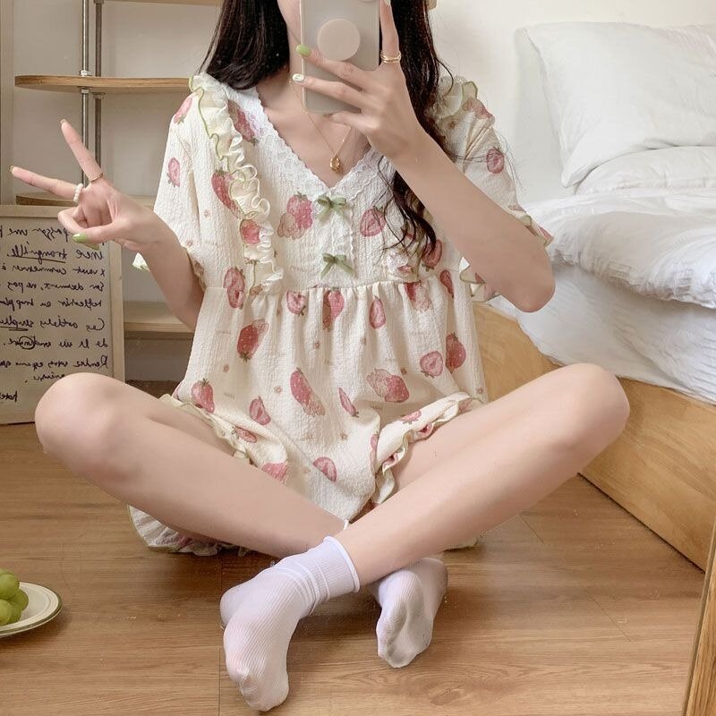 Pajama Sets Women Summer Sweet Girls Lovely Ruffles Bow Printed Designed Korean Style M-4XL Comfortable V-neck Lace Patchwork