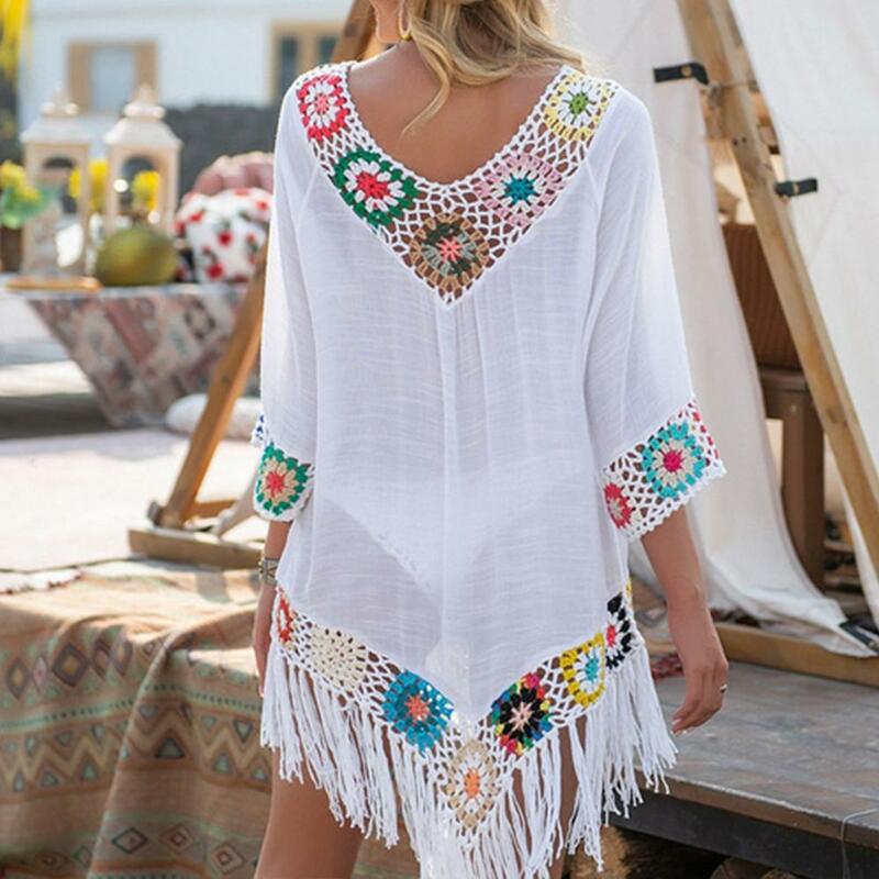 Tassel Knitted Crochet Bikini Cover Up Loose-fitting Sexy Cover Up Summer Sun Protection Bathing Suit Swimwear Bikini Cover Up