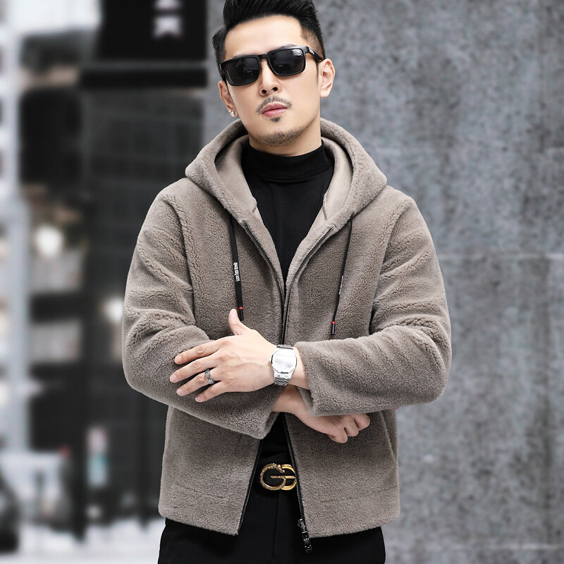 2023 Autumn Winter Men's New Solid Color Hooded Coats Male Double-sided Wear Short Jackets Men Genuine Lambswool Outerwear P468