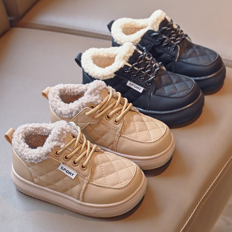 Зимние короткие ботинки, Детская Новая модная обувь, кроссовки для девочек, на шнуровке, однотонные, утепленные, повседневные, детские, хлопковые ботинки, сохраняющие тепло ботинки для мальчиков