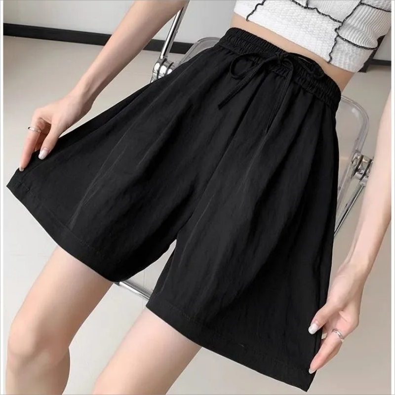 2024 New Summer Simplicity Lacing Solid Color Elastic Waist Pants Women Clothes Drawstring Loose Straight Quarter Shorts Femme