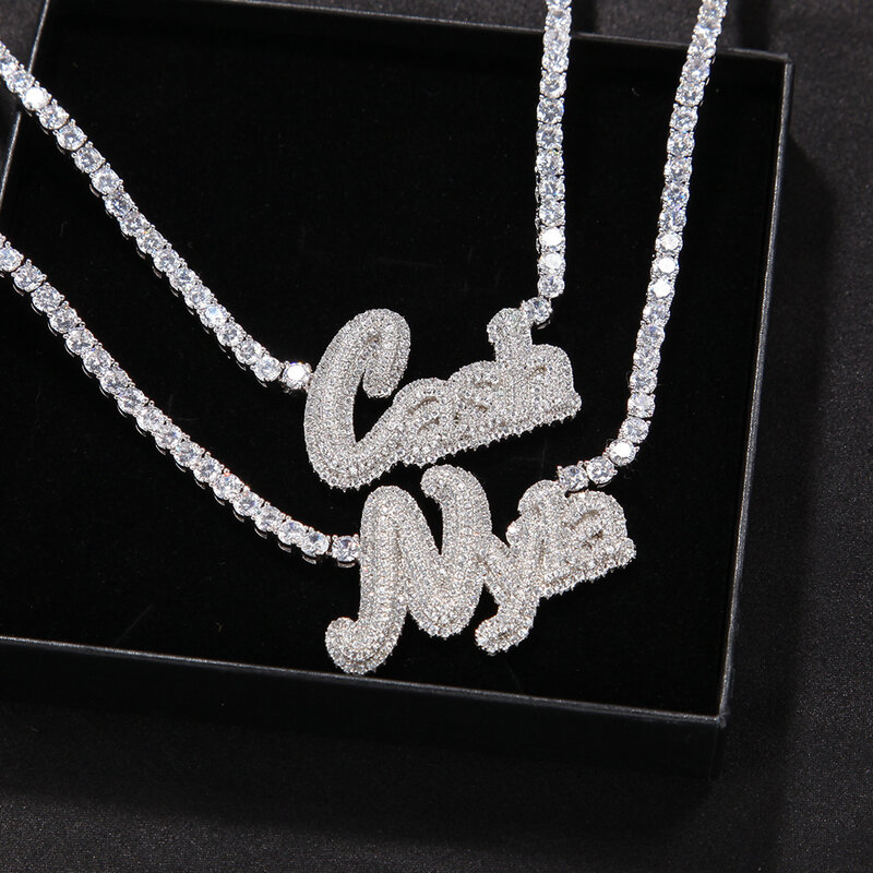 Uwin-collar con nombre personalizado, letra cursiva con cadena de tenis, circonita cúbica, Color dorado y plateado, joyería de moda de hip hop