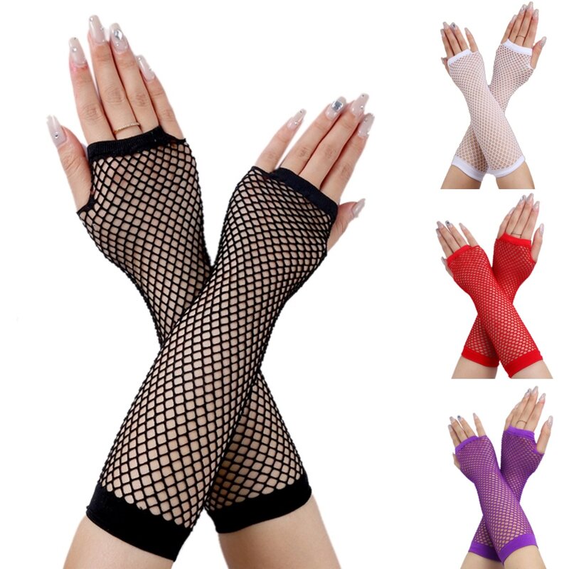 Sarung tangan jaring-jaring hitam panjang bergaya sarung tangan gadis wanita sarung tangan tanpa jari untuk menari Gothic Punk Rock kostum sarung tangan mewah