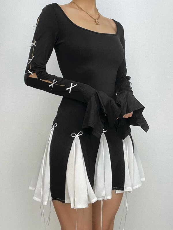 TARUXY-vestido de cintura alta con cordones para mujer, minivestido de empalme con pliegues, ajustado, transparente, de calle, para otoño