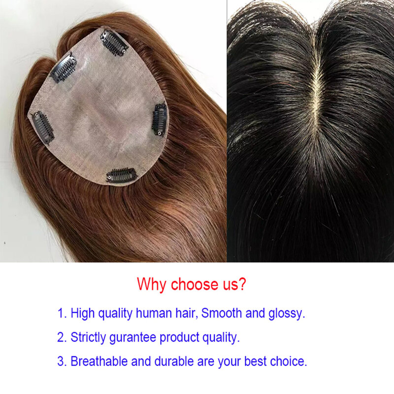 Topper de cabelo humano brasileiro reto para mulheres, cabelo humano virgem, cabelo ralo, base de seda, toupee com 5 clipes, Ins em estoque, 15x16cm