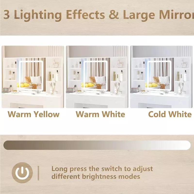 Tocador con espejo iluminado LED y toma de corriente, tocador de 7 cajones, mesa de almacenamiento, adecuado para dormitorio, blanco