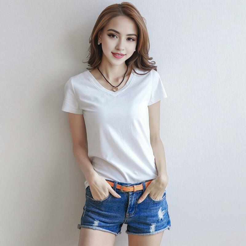 Women V-neck Blouse Summer T-shirt Short Sleeve Slim Fit T-shirt Solid Color Pullover Tops Stretchy Bottoming Shirt Streetwear