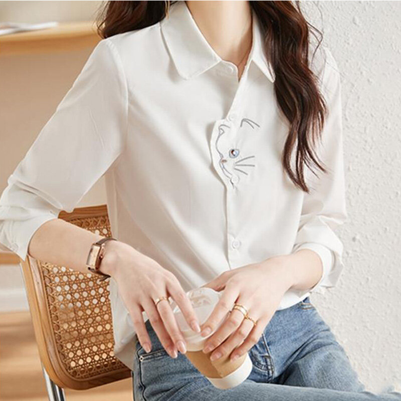 2024 New Summer Retro Korean Style Loose Casual Office Lady Women's Shirt Bohemian Solid Color Button V Neck Long Sleeve Tops