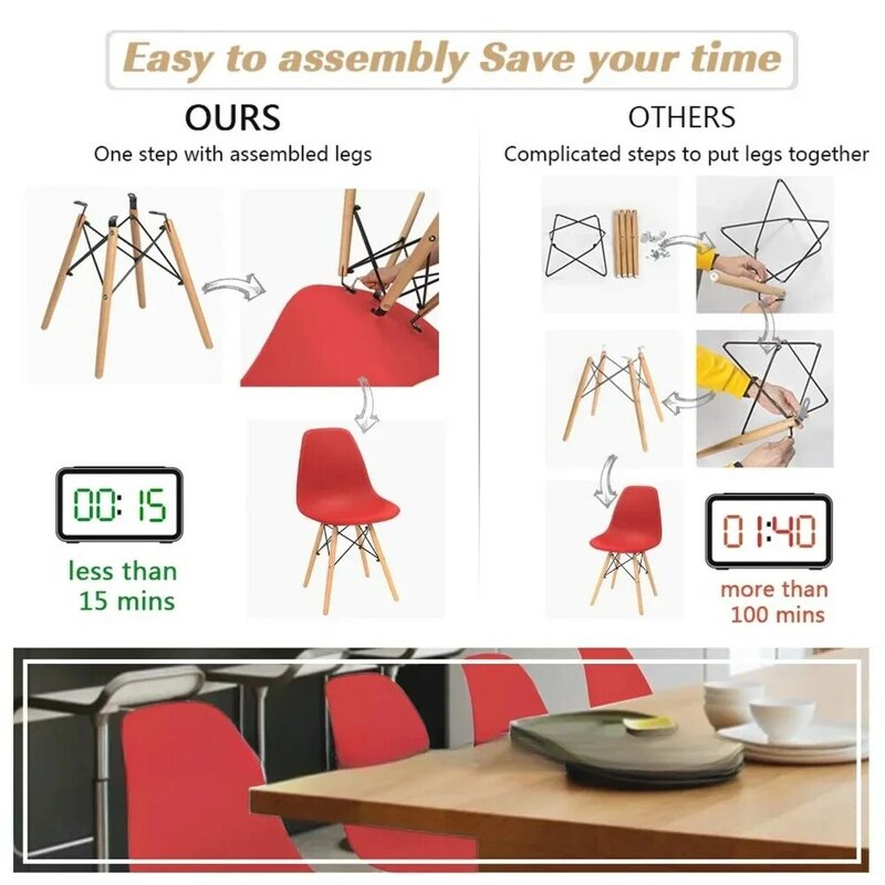 Cadeira lateral sem braços para cozinha sala de jantar, cadeira de jantar vermelha, cadeiras pré-montadas, estilo contemporâneo, conjunto de 4