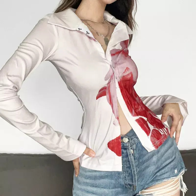 Harajuku Irregular Blouse Women 2023 Vintage Tie Dye Print Y2k Sexy Shirt Casual Turn-Down Collar Long Sleeve Split Cardigan Top