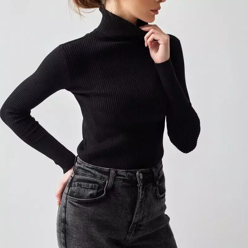 Proste swetry z prążkowanym dekoltem dla kobiet uroczy seksowna dzianina jesienno-zimowy ciepły modna sweter sweter
