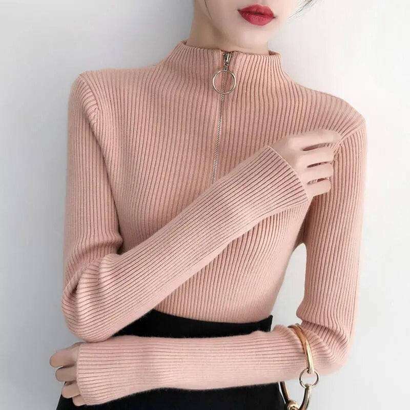2023 Autumn Turtleneck Sweater Bottoming Sweater Women Ribbed Soft Zipper Elastic Pullover Warm Solid Color Slim Jumpers Top