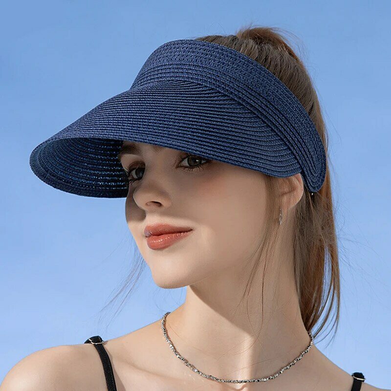 Sombrero de paja de rafia de ala grande para mujer, gorra de protección solar Anti-Uv, banda para el sudor de verano, moda coreana, ajustable, sólido, vacío