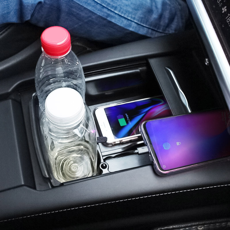Almofada de carregamento do telefone sem fio para tesla, armazenamento do console do centro do carro, suporte do copo, carregador de QI, modelo S, X, 2017-2019
