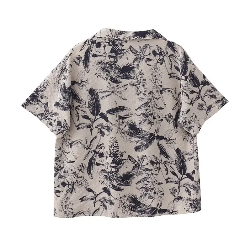 Camisa folgada de manga curta feminina, design floral retrô, top estampado com tinta chinesa, versátil e na moda, verão