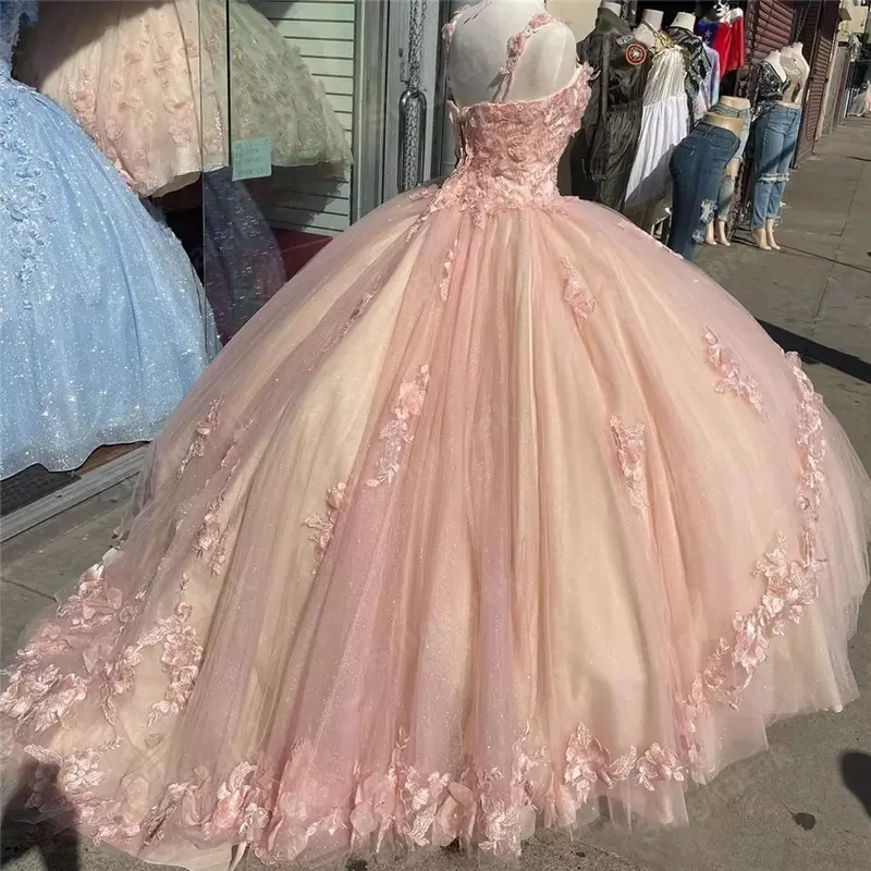 Różowy pasek Quinceanera suknie balowe formalnej sukni balowej tiul słodki 15 16 sukienka Quinceañera Anos suknie na imprezy urodzinowe