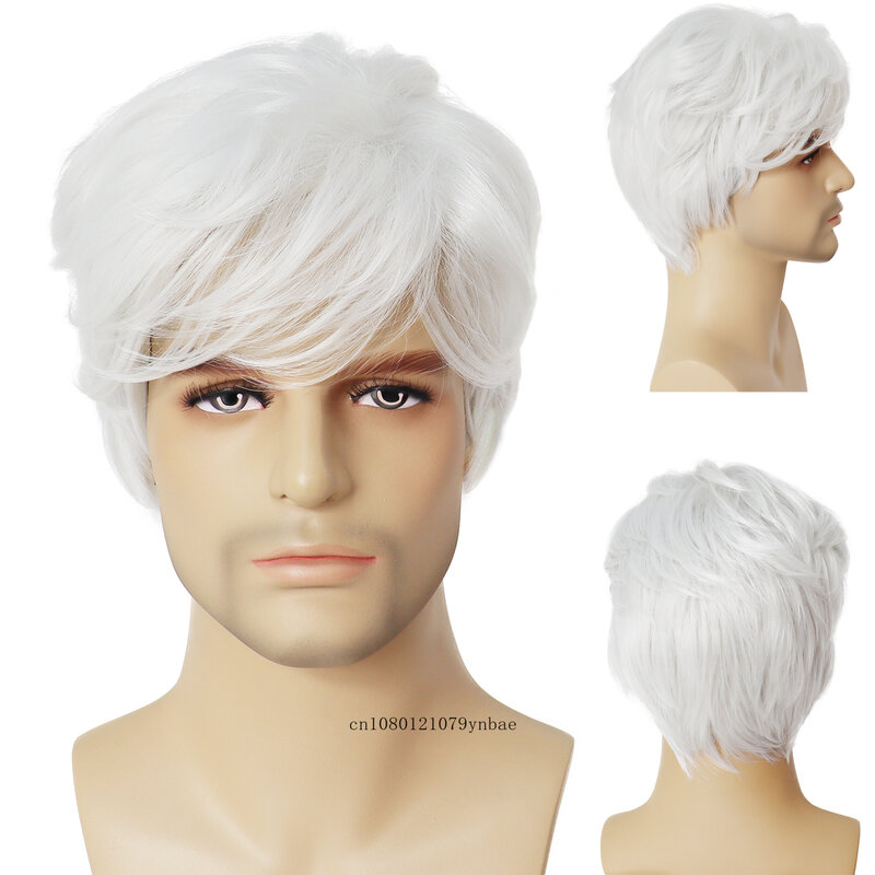 Platinum Synthetic Hair Wig with Bang Short Older Wigs for Men Male High Temperature Fiber Daily Party Costume Cosplay Halloween