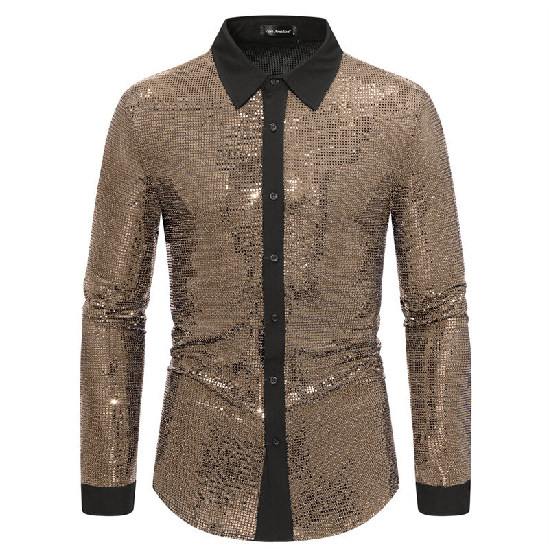 Fashion Men Luxury Bar KTV Stage Party Dress Long Sleeve Shirt Gold / Silver / Red Summer New Men's High Street Prom Casual Tops
