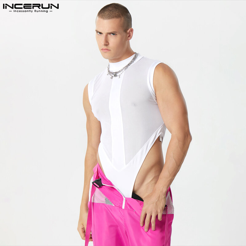 INCERUN 2023 Sexy Style New Mens Bodysuits Mesh Spliced Perspective Jumpsuits Fashionable Male Triangle Sleeveless Rompers S-5XL