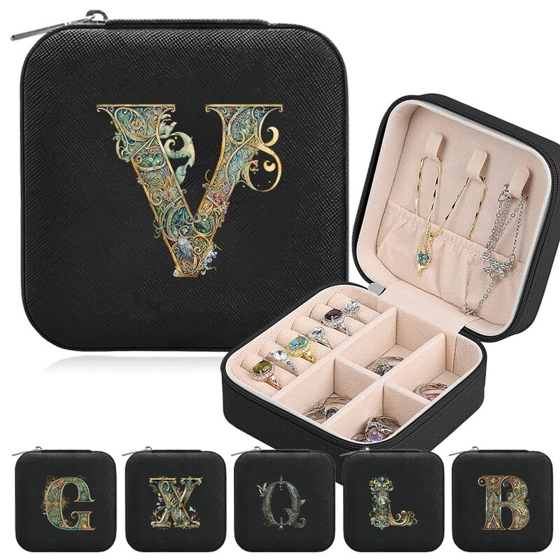 Kotak perhiasan Mini pola cetak huruf grafis baru kotak penyimpanan perhiasan tahan air perjalanan portabel tampilan kalung anting-anting