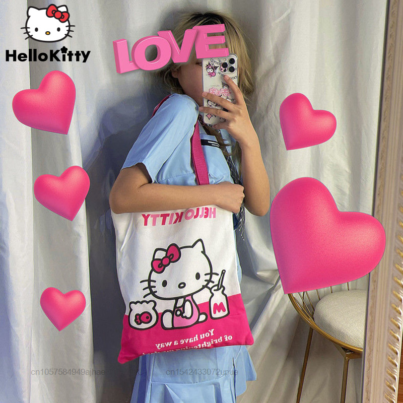 Sanrio-Bolsos de Hello Kitty para mujer, bolsa de compras de lona dulce, bolsos de hombro de dibujos animados para estudiantes, bolsos casuales para exteriores, Y2k