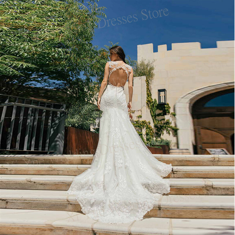 Gaun pernikahan wanita menawan putri duyung seksi applique renda baru gaun pengantin punggung terbuka dengan kereta yang dapat dilepas