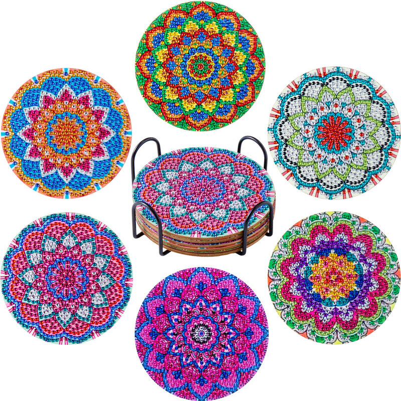 Mandala Flores Coaster para Home Decor, DIY Pintura Diamante, Mesa Placemat, Mosaic Art Drink Cup, Presente de Natal, 8 Pcs, 6Pcs