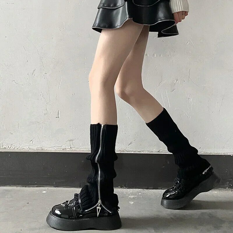 Wanita Ritsleting Penghangat Kaki Lolita Kaus Kaki Panjang Rajutan Hangat Penutup Kaki Punk Pergelangan Kaki Hangat Lutut Tinggi Kaus Kaki Musim Gugur Musim Dingin JK Boot Cuff