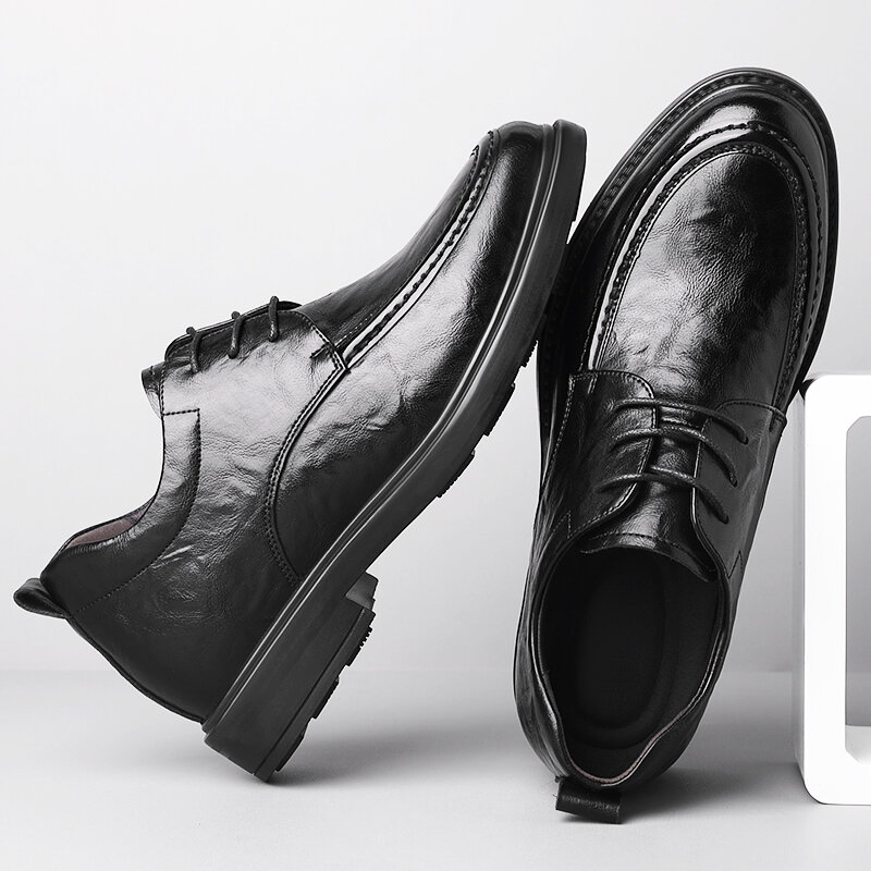 Sepatu pantofel renda kulit sapi pria, sneaker bisnis kasual lembut untuk laki-laki, sepatu peninggi tak terlihat bersirkulasi 8cm