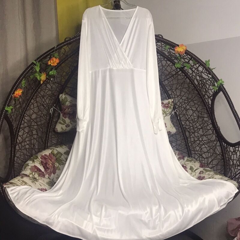 Блестящее Сексуальное Женское атласное длинное платье с V-образным вырезом и длинным рукавом, свободное платье для сна