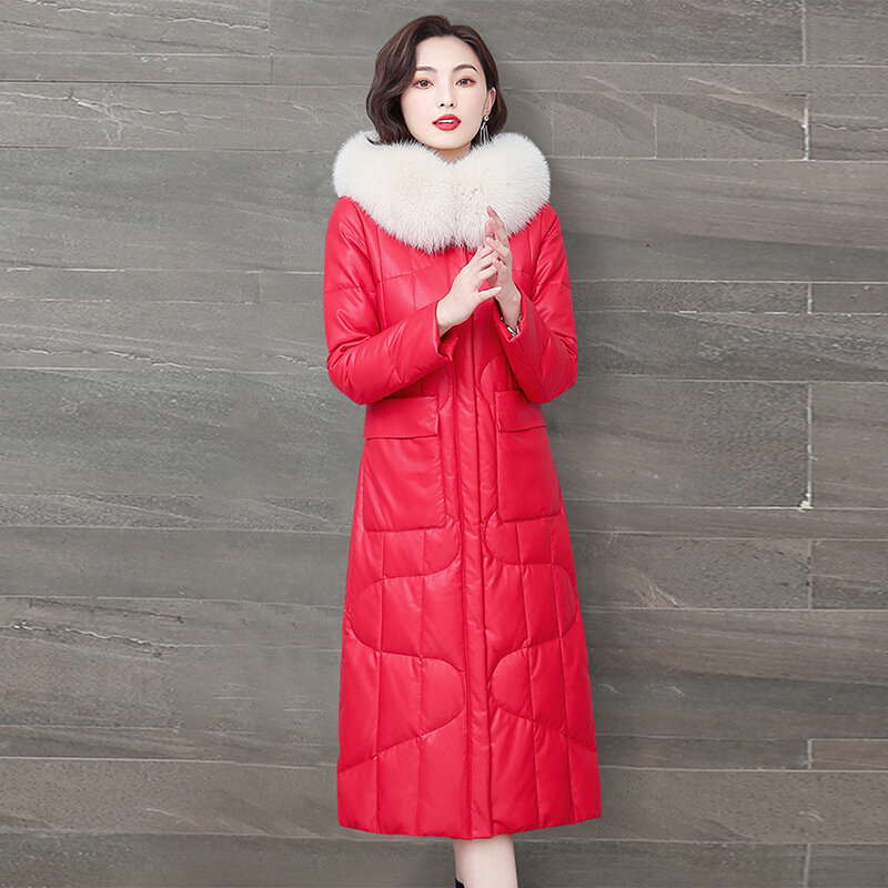 2023 Genuine Sheepskin Leather Jacket Women's Down Jackets Winter Fox Fur Collar Coat Long Down Parkas Chaqueta Cuero Mujer