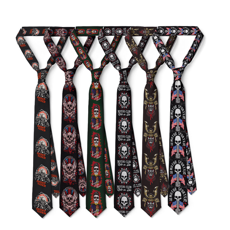 Gravata de poliéster fina para homens, gravata caveira, festa de aniversário, acessórios de Halloween, novidade casual, Cool Trend, 8cm, novo