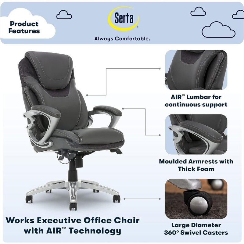 Serta Bryce Kursi Kantor Eksekutif, kursi meja komputer ergonomis dengan teknologi Lumbar udara Paten, badan berlapis yang nyaman