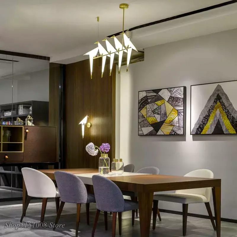 Lampe suspendue dorée en forme d'oiseau Origami, design nordique, luminaire décoratif d'intérieur, idéal pour une chambre à coucher, une cuisine, une salle à manger ou un salon