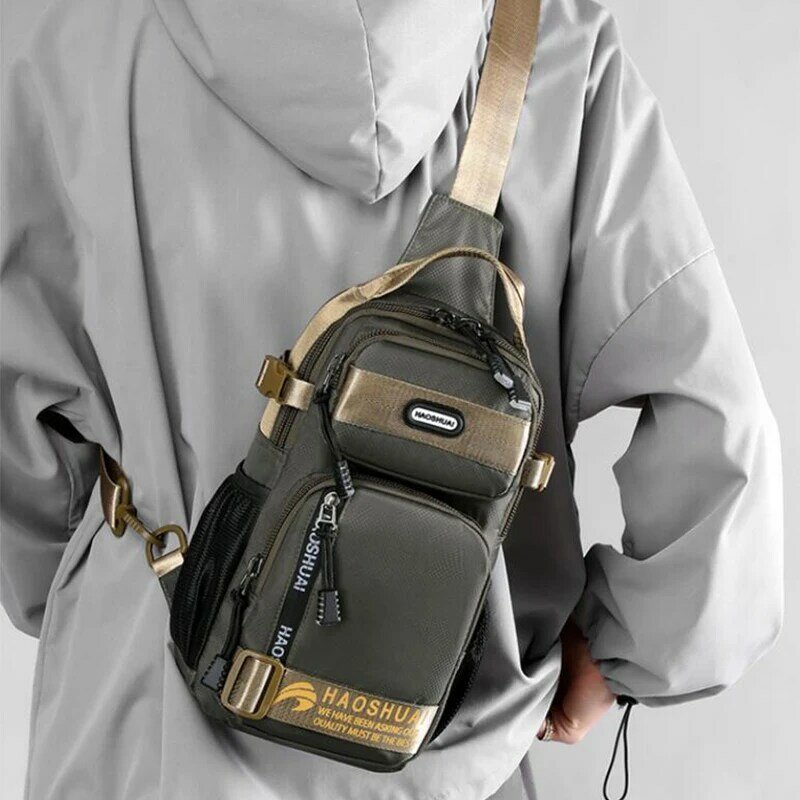 Men Nylon Waterproof Chest Bag Shoulder Crossbody Bag Pocket Handbag Travel Multi-Function Chest Bag Messenger Bag