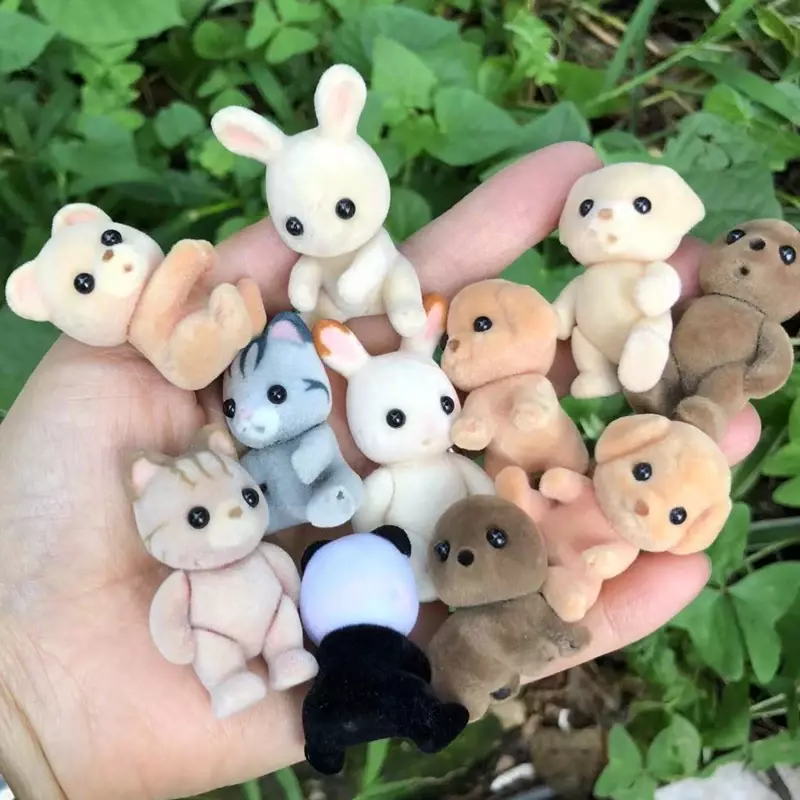 Figuras de animales de la familia del bosque con defectos de fábrica, conejo, oso, perro, Panda, figura peluda flocada, mono, mapache, modelo de juguete para niños
