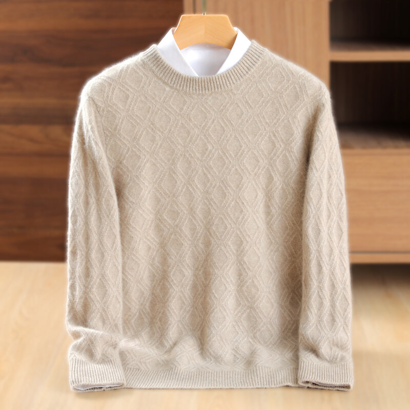 YL01-suéteres de punto de lana 100% pura para hombre, suéteres de manga larga de cuello redondo, suéteres de color sólido, prendas de punto cálidas para hombre, 6 colores, Invierno