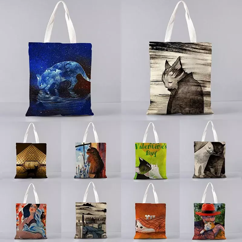 Kot i gwiaździste niebo obraz olejny kot kobiet projektant duże torba z rączkami pościel wielokrotnego użytku torba na zakupy na zakupy torby na ramię
