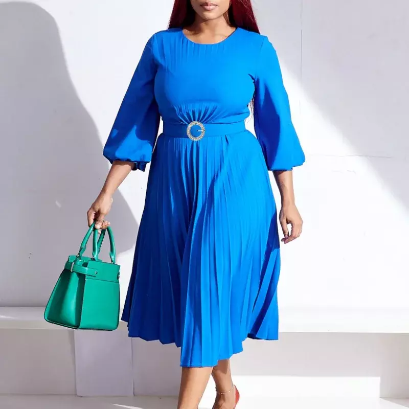 Frauen einfarbig A-Linie Kleid Patchwork Design Reiß verschluss Gürtel Dekor O-Ausschnitt Dreiviertel ärmel hohe Taille schlanke Falten kleid