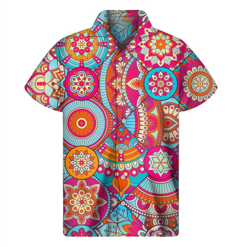 Богемная ретро-одежда для мужчин, летняя свободная уличная рубашка с короткими рукавами и 3d принтом, блузка с воротником и пуговицами