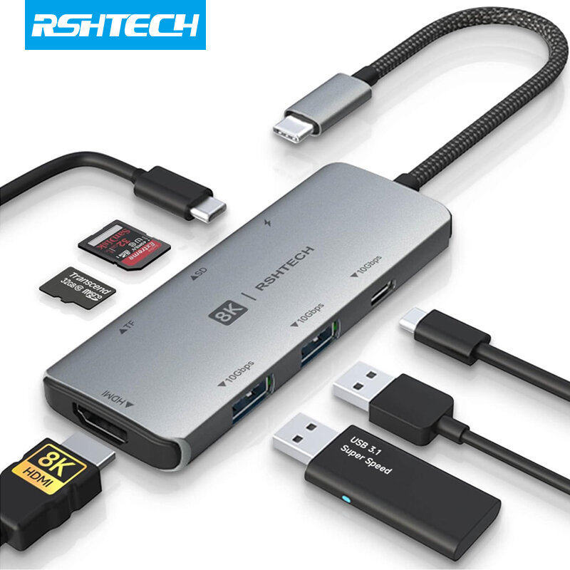 RSHTECH USB C Hub 8K HDMI 10Gbps Data Transfer Speed 100W Power Delivery with SD/TF Card Reader USB-C Docking Station 4K@120Hz