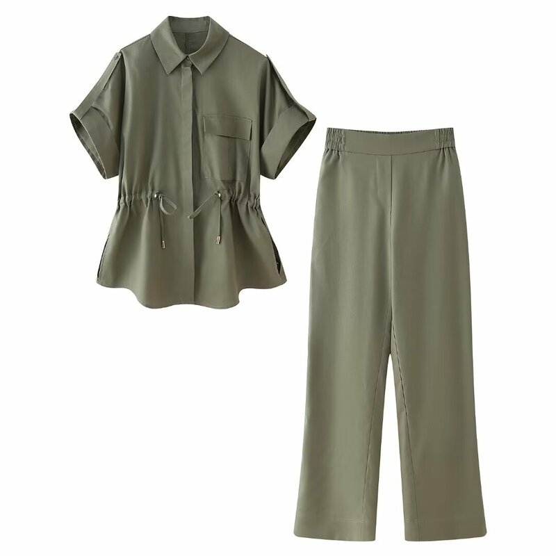 Anzug Damen 2-teilige 2024 neue Mode verstellbare Taille Kurzarmhemd Retro weibliche elastische Taille gerade Hosenanzug