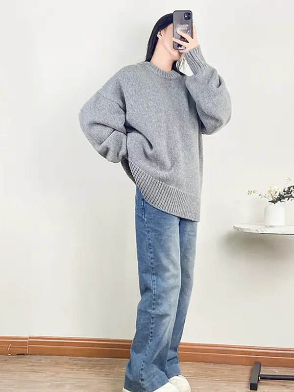 Kobiety sweter z wełny jednolity kolor luźny 2024 nowy sweter z okrągłym dekoltem z długim rękawem