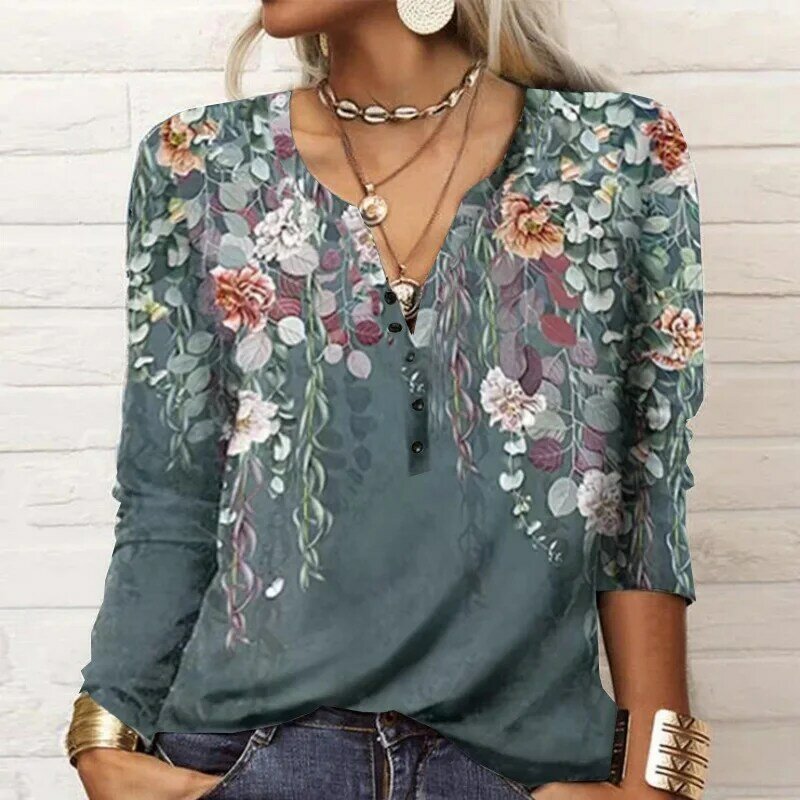 Женская блузка с цветочным принтом, винтажная рубашка в этническом стиле с длинным рукавом и V-образным вырезом, свободные повседневные топы в стиле бохо на пуговицах, Осень-зима 2023