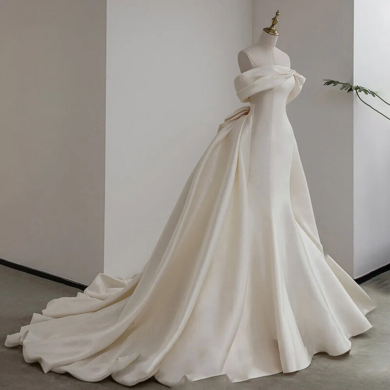 2024ชุดแต่งงานเปิดไหล่นางเงือกชุดเจ้าสาวประดับมุกโบว์ผ้าซาตินสำหรับศาลรถไฟเจ้าหญิง B340ไซส์ใหญ่พิเศษ